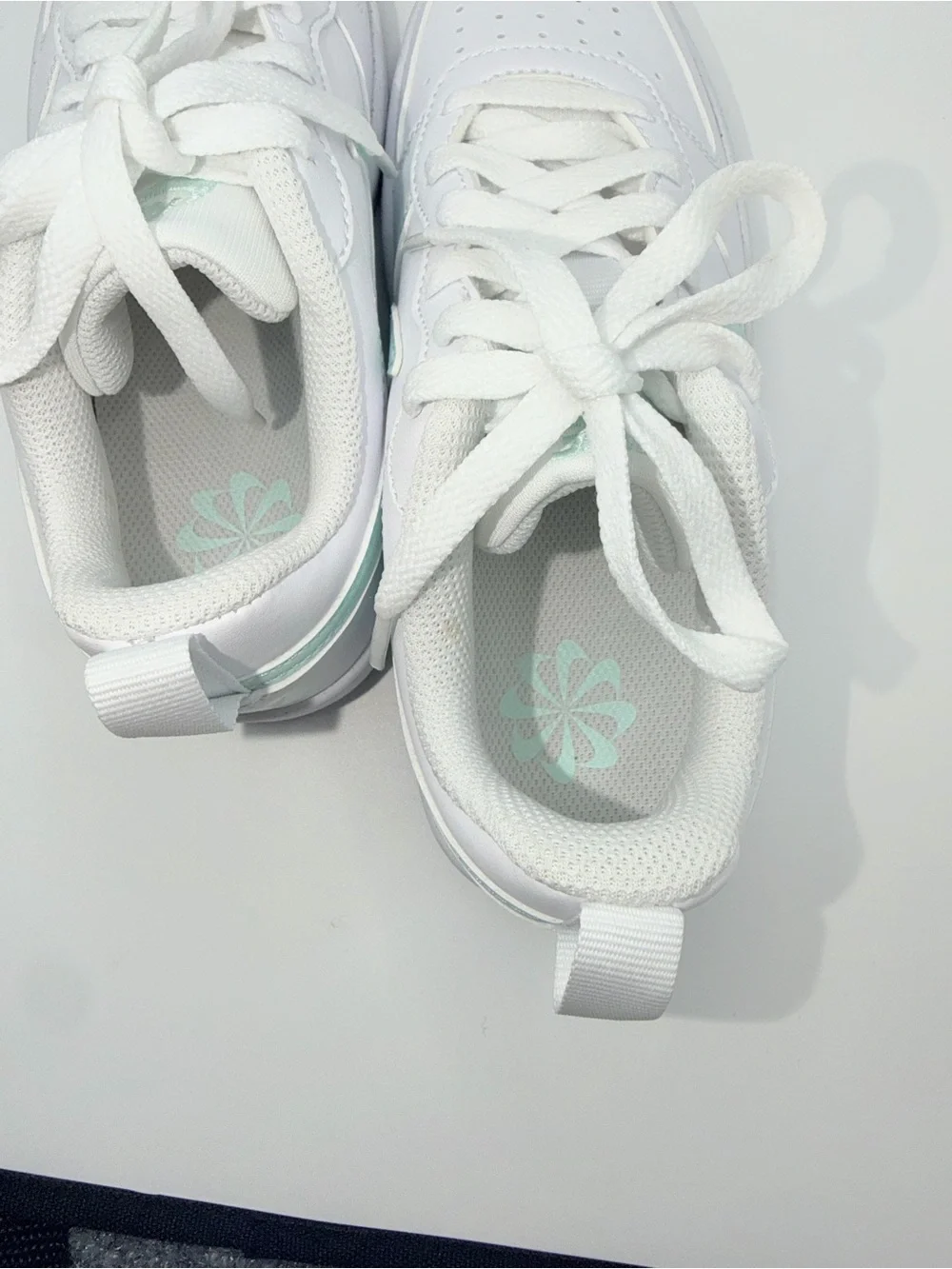 Nike Kids White Sneakers with Mint Green Swoosh